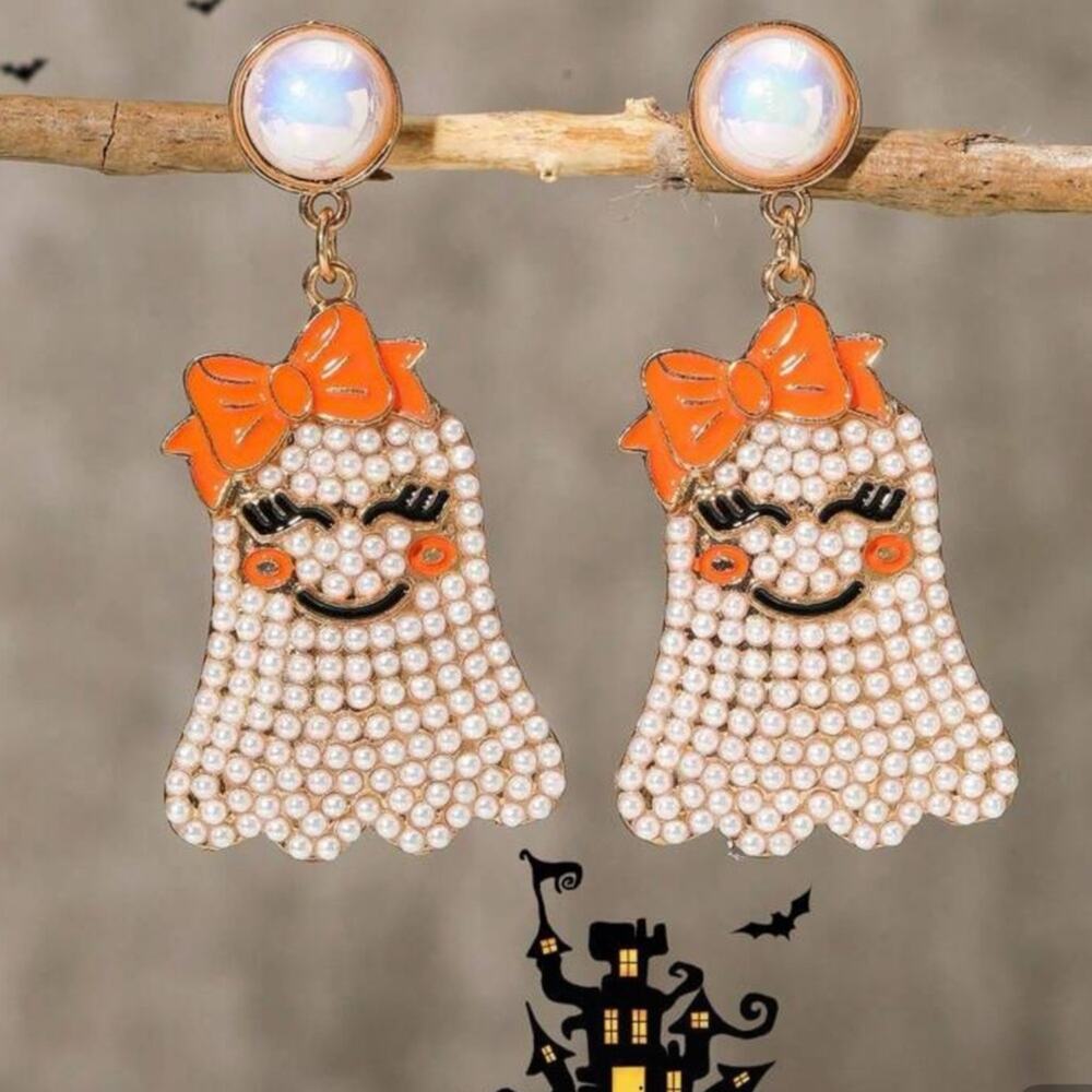 Gold Pearl Ghost Halloween Post Earrings
